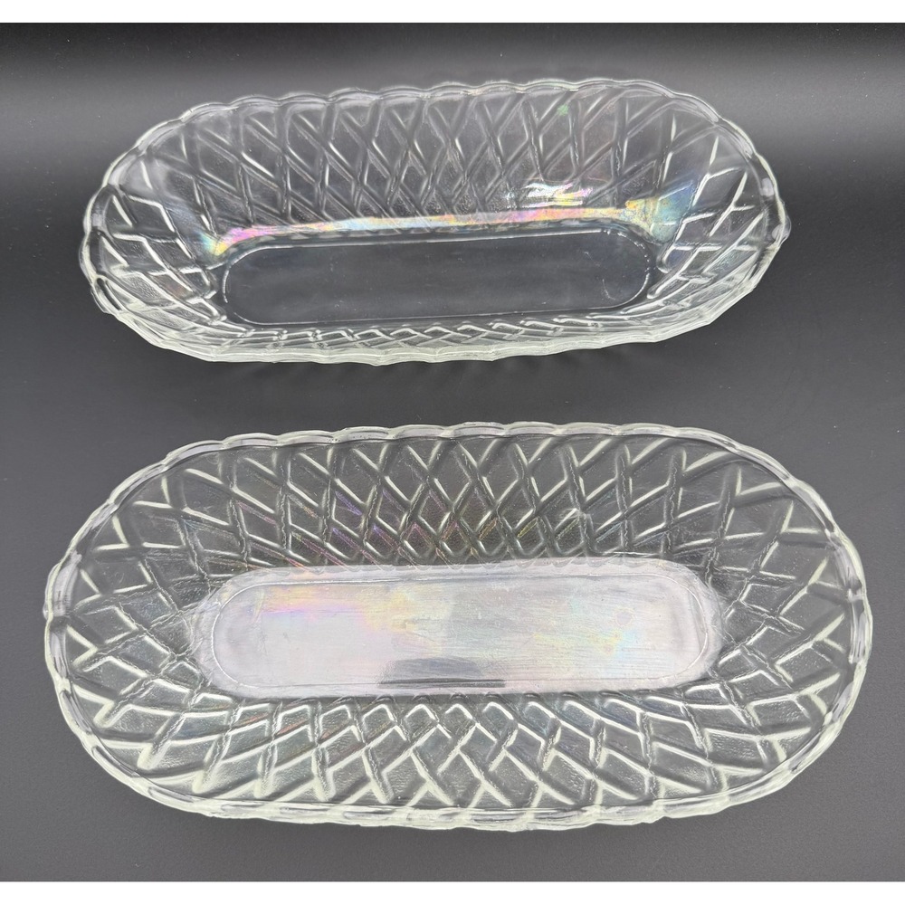 Vintage Iridescent Clear Glass Relish Dishes Diamond Lattice Pattern Set of 2 - Picture 1 of 6